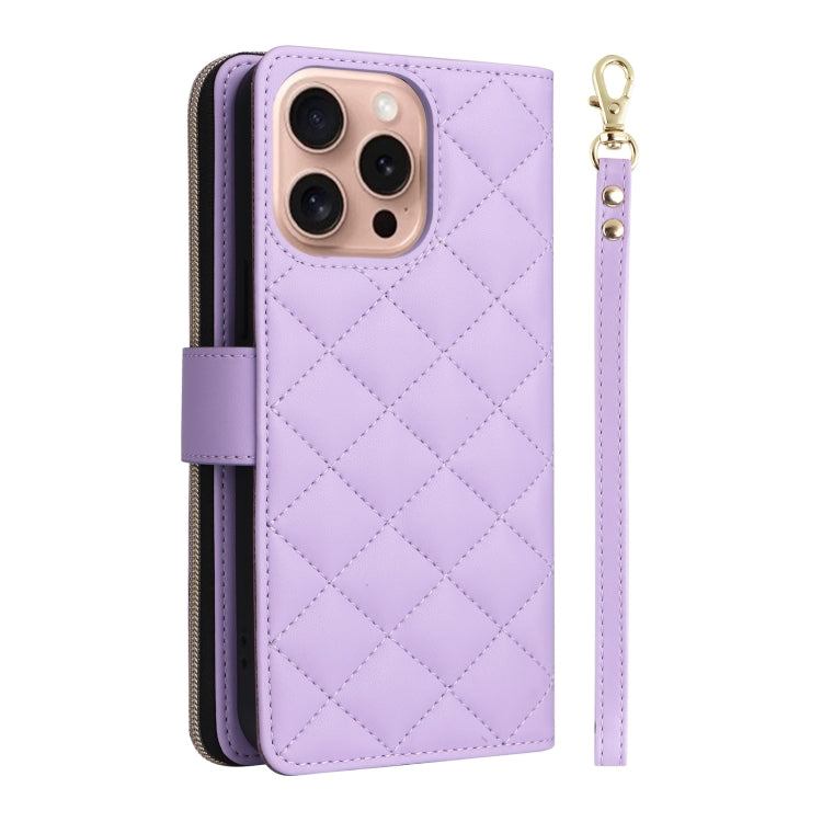 For iPhone 16 Pro Crossbody Rhombic Zipper Tower Buckle Leather Phone Case with Lanyard(Purple) - free shipping - PMC TechLife - Order now!