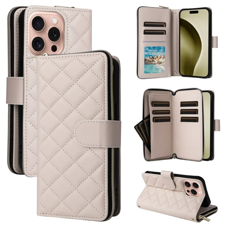 For iPhone 16 Pro Crossbody Rhombic Zipper Tower Buckle Leather Phone Case with Lanyard(Beige) - iPhone 16 Pro Cases by PMC TechLife | Online Shopping South Africa | PMC TechLife | Buy Now Pay Later Mobicred