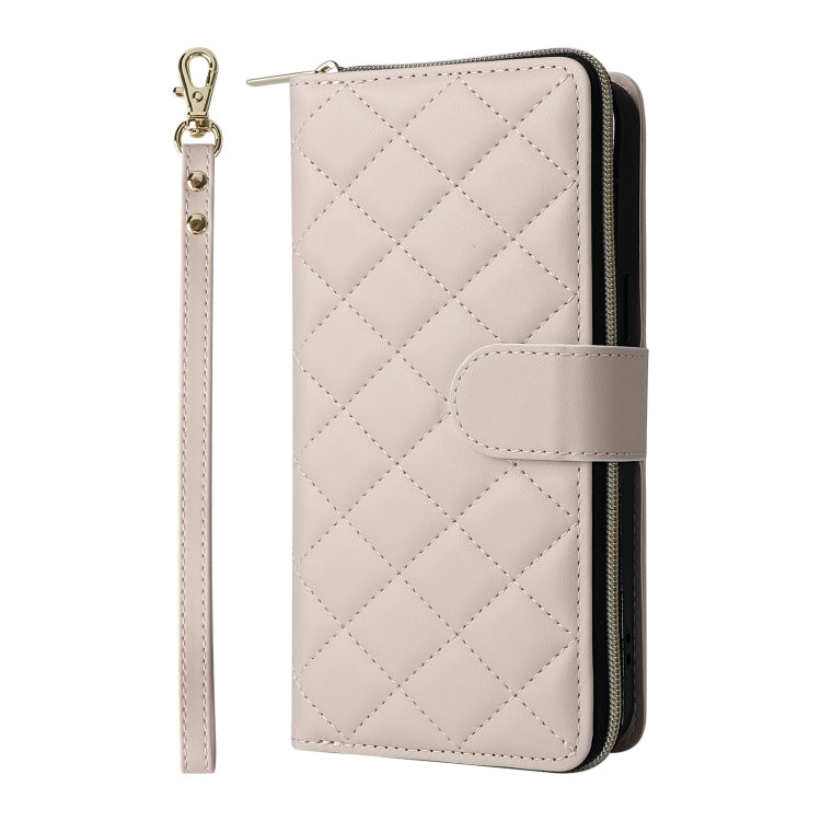 For iPhone 16 Pro Crossbody Rhombic Zipper Tower Buckle Leather Phone Case with Lanyard(Beige) - iPhone 16 Pro Cases by PMC TechLife | Online Shopping South Africa | PMC TechLife | Buy Now Pay Later Mobicred