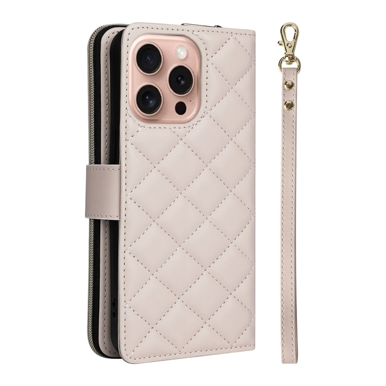 For iPhone 16 Pro Crossbody Rhombic Zipper Tower Buckle Leather Phone Case with Lanyard(Beige) - iPhone 16 Pro Cases by PMC TechLife | Online Shopping South Africa | PMC TechLife | Buy Now Pay Later Mobicred