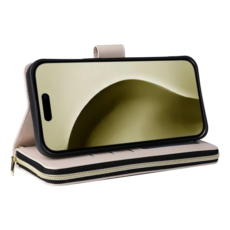 For iPhone 16 Pro Crossbody Rhombic Zipper Tower Buckle Leather Phone Case with Lanyard(Beige) - iPhone 16 Pro Cases by PMC TechLife | Online Shopping South Africa | PMC TechLife | Buy Now Pay Later Mobicred