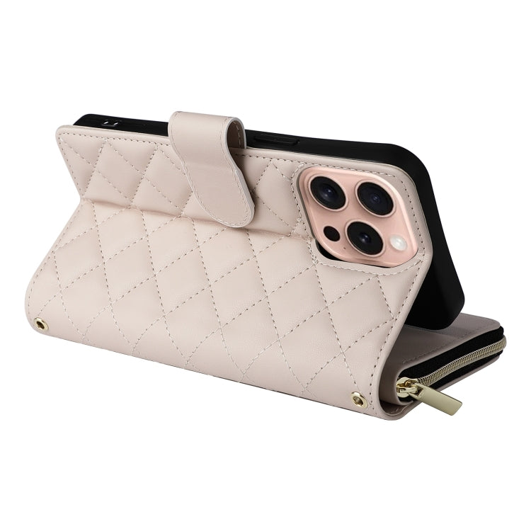 For iPhone 16 Pro Crossbody Rhombic Zipper Tower Buckle Leather Phone Case with Lanyard(Beige) - iPhone 16 Pro Cases by PMC TechLife | Online Shopping South Africa | PMC TechLife | Buy Now Pay Later Mobicred