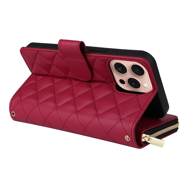 For iPhone 16 Pro Crossbody Rhombic Zipper Tower Buckle Leather Phone Case with Lanyard(Wine Red) - iPhone 16 Pro Cases by PMC TechLife | Online Shopping South Africa | PMC TechLife | Buy Now Pay Later Mobicred