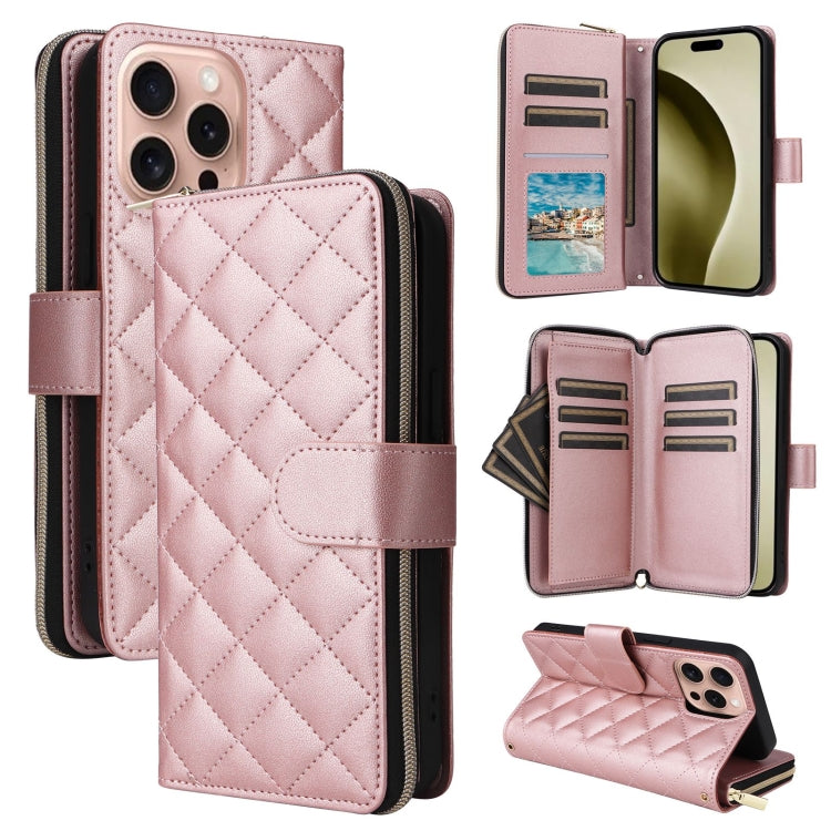 For iPhone 16 Pro Crossbody Rhombic Zipper Tower Buckle Leather Phone Case with Lanyard(Rose Gold) - iPhone 16 Pro Cases by PMC TechLife | Online Shopping South Africa | PMC TechLife | Buy Now Pay Later Mobicred
