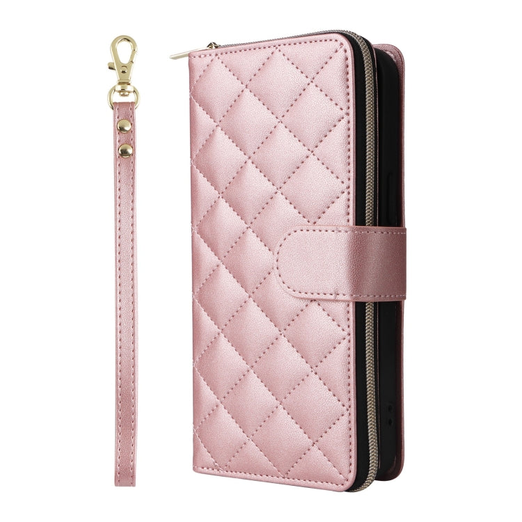 For iPhone 16 Pro Crossbody Rhombic Zipper Tower Buckle Leather Phone Case with Lanyard(Rose Gold) - iPhone 16 Pro Cases by PMC TechLife | Online Shopping South Africa | PMC TechLife | Buy Now Pay Later Mobicred