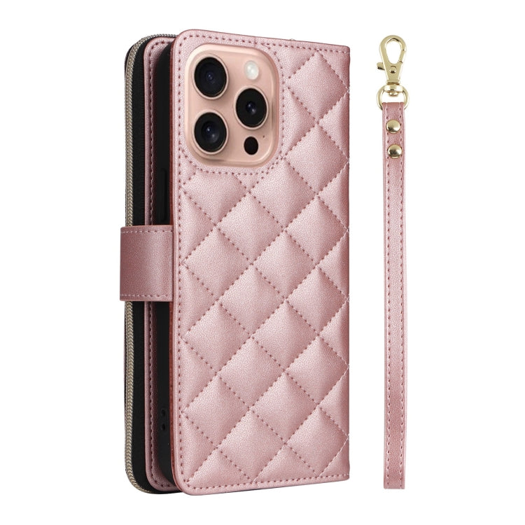 For iPhone 16 Pro Crossbody Rhombic Zipper Tower Buckle Leather Phone Case with Lanyard(Rose Gold) - iPhone 16 Pro Cases by PMC TechLife | Online Shopping South Africa | PMC TechLife | Buy Now Pay Later Mobicred