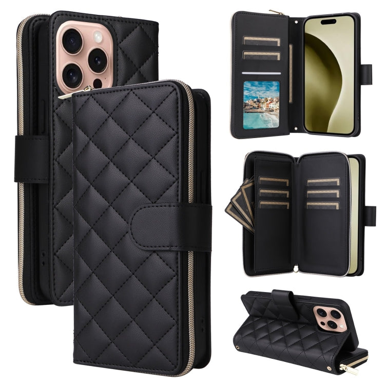 For iPhone 16 Pro Crossbody Rhombic Zipper Tower Buckle Leather Phone Case with Lanyard(Black) - iPhone 16 Pro Cases by PMC TechLife | Online Shopping South Africa | PMC TechLife | Buy Now Pay Later Mobicred