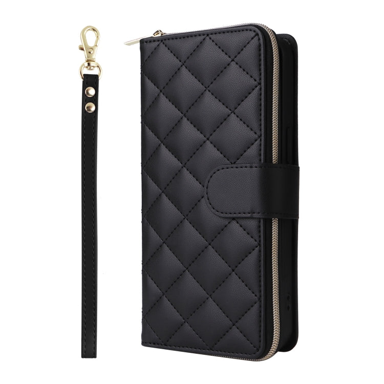 For iPhone 16 Pro Crossbody Rhombic Zipper Tower Buckle Leather Phone Case with Lanyard(Black) - iPhone 16 Pro Cases by PMC TechLife | Online Shopping South Africa | PMC TechLife | Buy Now Pay Later Mobicred