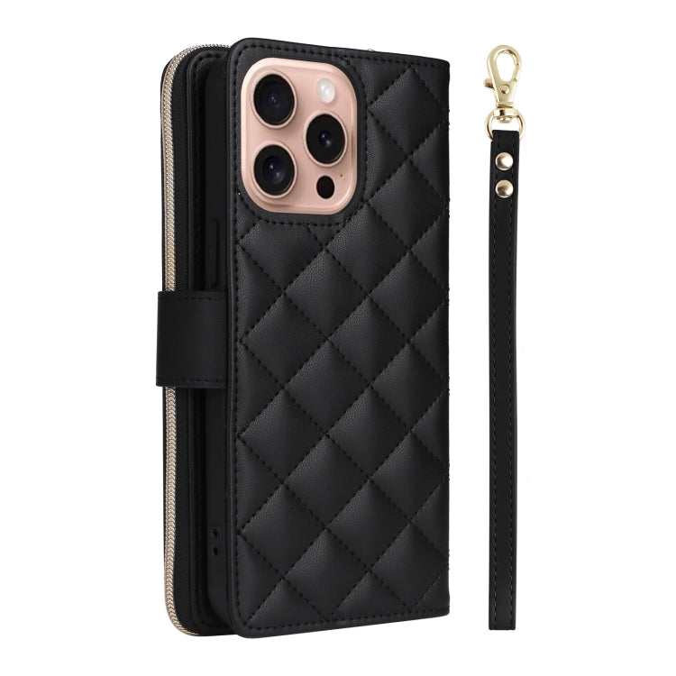For iPhone 16 Pro Crossbody Rhombic Zipper Tower Buckle Leather Phone Case with Lanyard(Black) - iPhone 16 Pro Cases by PMC TechLife | Online Shopping South Africa | PMC TechLife | Buy Now Pay Later Mobicred