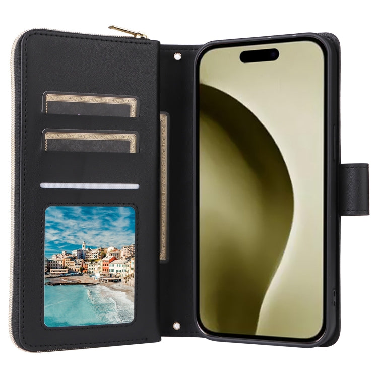 For iPhone 16 Pro Crossbody Rhombic Zipper Tower Buckle Leather Phone Case with Lanyard(Black) - iPhone 16 Pro Cases by PMC TechLife | Online Shopping South Africa | PMC TechLife | Buy Now Pay Later Mobicred