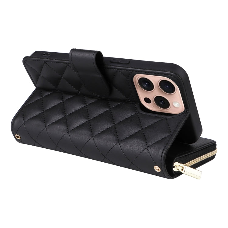 For iPhone 16 Pro Crossbody Rhombic Zipper Tower Buckle Leather Phone Case with Lanyard(Black) - iPhone 16 Pro Cases by PMC TechLife | Online Shopping South Africa | PMC TechLife | Buy Now Pay Later Mobicred