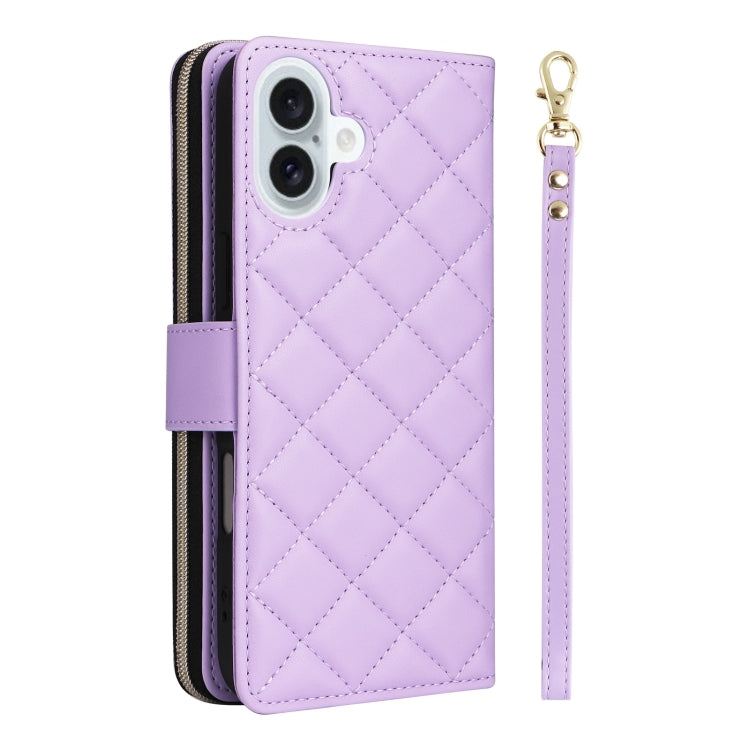 For iPhone 16 Plus Crossbody Rhombic Zipper Tower Buckle Leather Phone Case with Lanyard(Purple) - iPhone 16 Plus Cases by PMC TechLife | Online Shopping South Africa | PMC TechLife | Buy Now Pay Later Mobicred