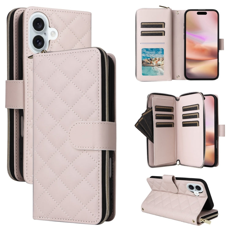 For iPhone 16 Plus Crossbody Rhombic Zipper Tower Buckle Leather Phone Case with Lanyard(Beige) - iPhone 16 Plus Cases by PMC TechLife | Online Shopping South Africa | PMC TechLife | Buy Now Pay Later Mobicred