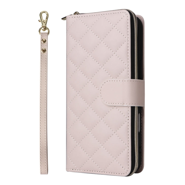 For iPhone 16 Plus Crossbody Rhombic Zipper Tower Buckle Leather Phone Case with Lanyard(Beige) - iPhone 16 Plus Cases by PMC TechLife | Online Shopping South Africa | PMC TechLife | Buy Now Pay Later Mobicred