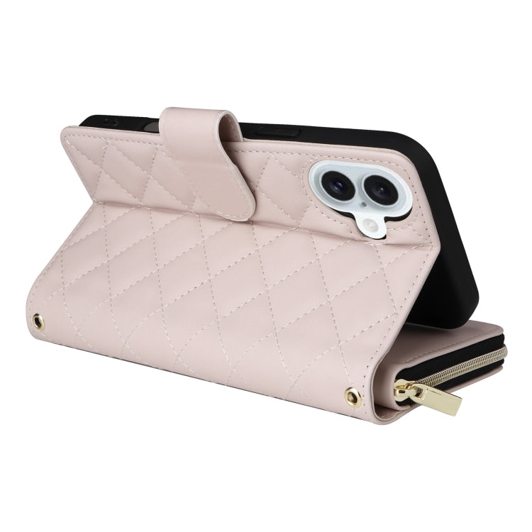 For iPhone 16 Plus Crossbody Rhombic Zipper Tower Buckle Leather Phone Case with Lanyard(Beige) - iPhone 16 Plus Cases by PMC TechLife | Online Shopping South Africa | PMC TechLife | Buy Now Pay Later Mobicred