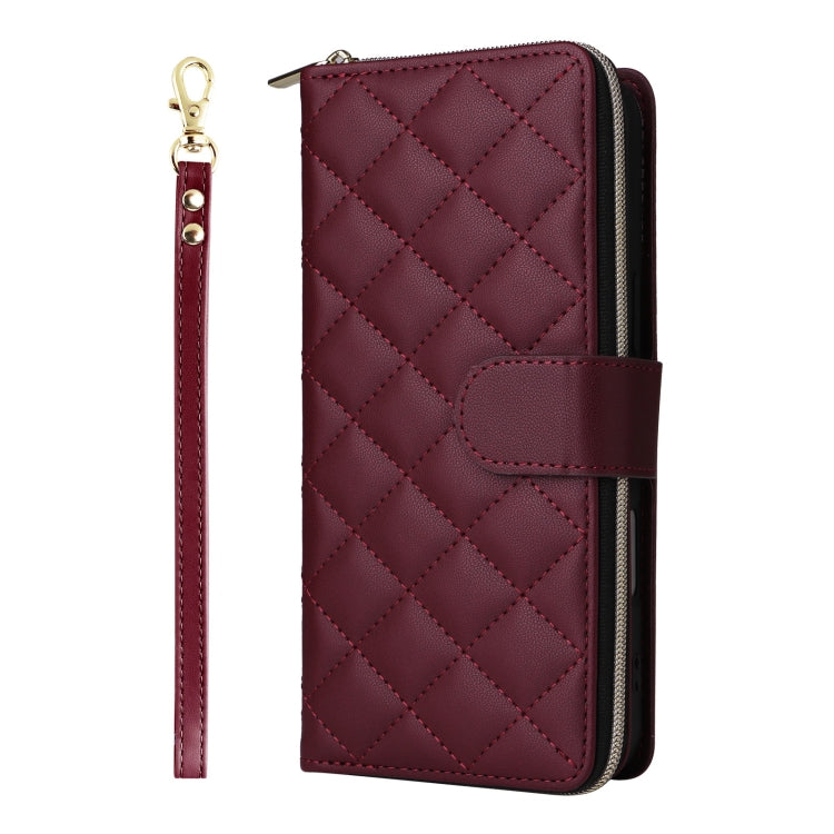 For iPhone 16 Plus Crossbody Rhombic Zipper Tower Buckle Leather Phone Case with Lanyard(Wine Red) - free shipping - PMC TechLife - Order now!