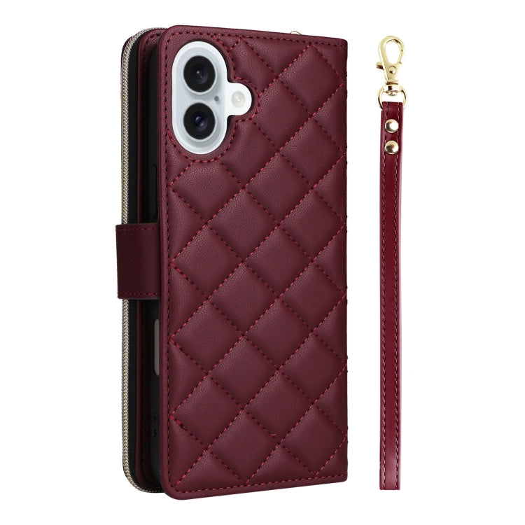 For iPhone 16 Plus Crossbody Rhombic Zipper Tower Buckle Leather Phone Case with Lanyard(Wine Red) - free shipping - PMC TechLife - Order now!