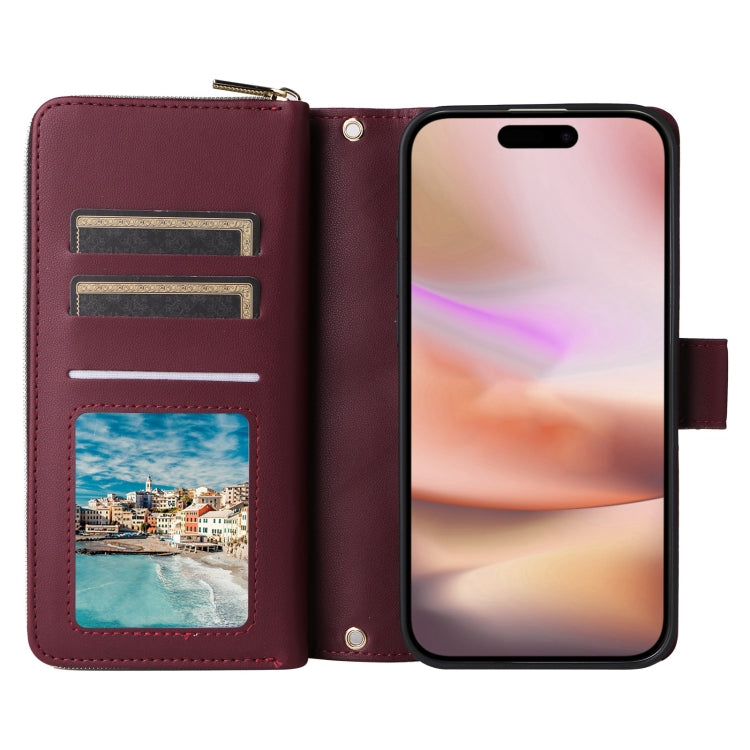For iPhone 16 Plus Crossbody Rhombic Zipper Tower Buckle Leather Phone Case with Lanyard(Wine Red) - free shipping - PMC TechLife - Order now!