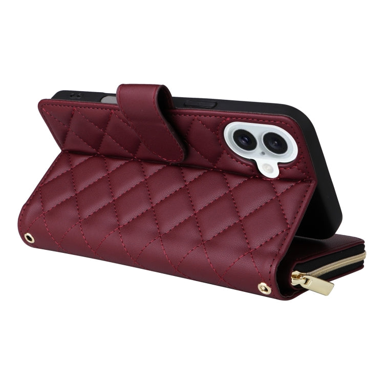 For iPhone 16 Plus Crossbody Rhombic Zipper Tower Buckle Leather Phone Case with Lanyard(Wine Red) - free shipping - PMC TechLife - Order now!