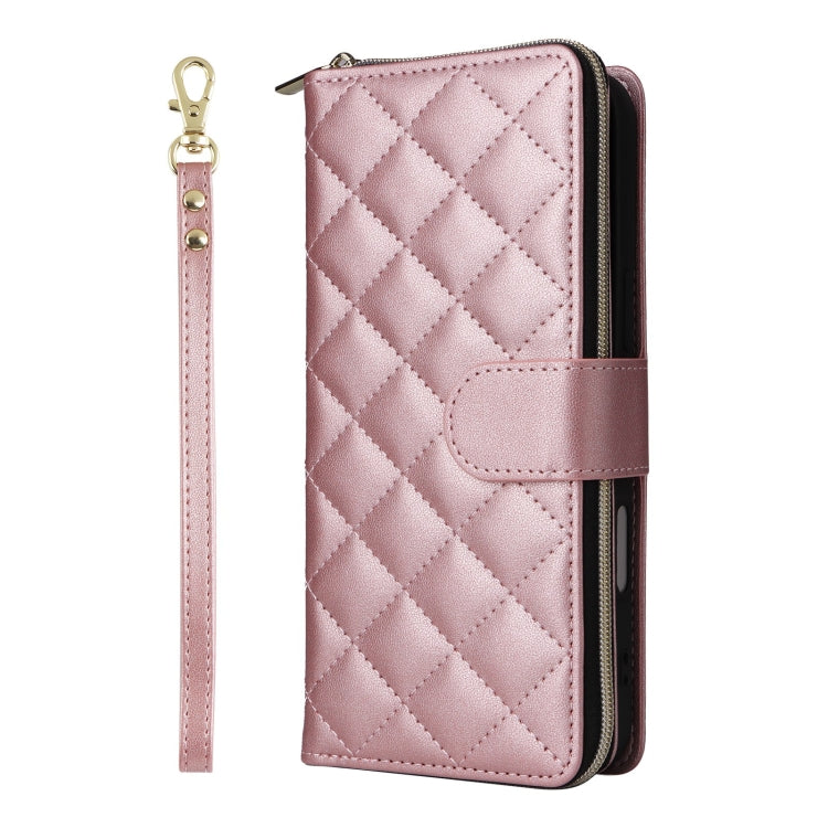 For iPhone 16 Plus Crossbody Rhombic Zipper Tower Buckle Leather Phone Case with Lanyard(Rose Gold) - free shipping - PMC TechLife - Order now!