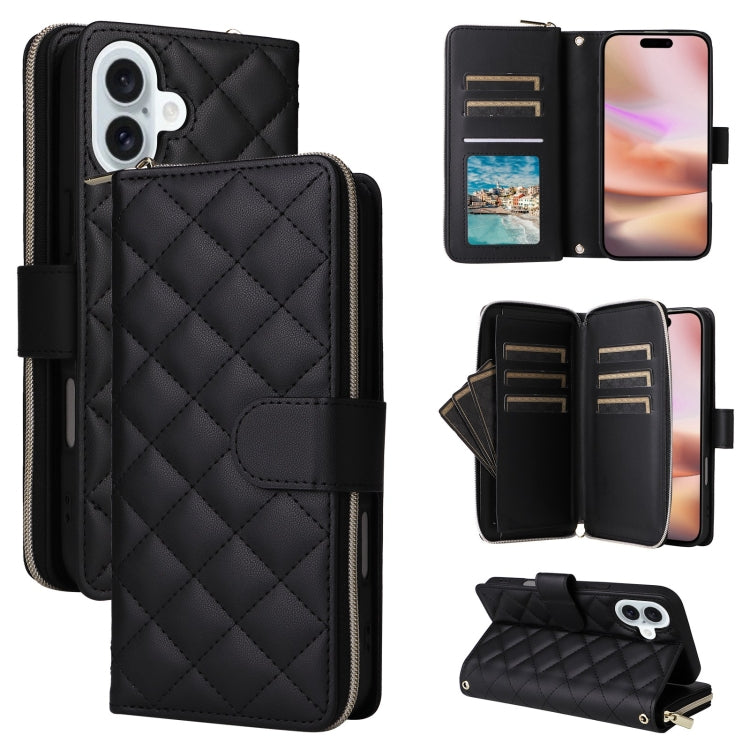 For iPhone 16 Plus Crossbody Rhombic Zipper Tower Buckle Leather Phone Case with Lanyard(Black) - iPhone 16 Plus Cases by PMC TechLife | Online Shopping South Africa | PMC TechLife | Buy Now Pay Later Mobicred
