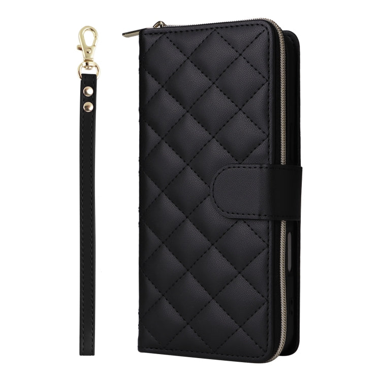 For iPhone 16 Plus Crossbody Rhombic Zipper Tower Buckle Leather Phone Case with Lanyard(Black) - iPhone 16 Plus Cases by PMC TechLife | Online Shopping South Africa | PMC TechLife | Buy Now Pay Later Mobicred