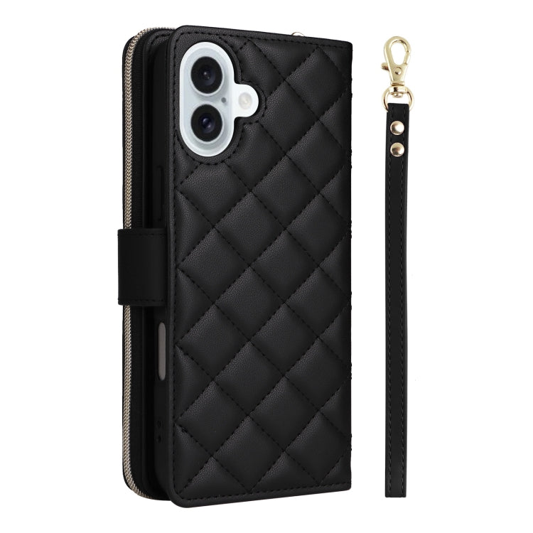 For iPhone 16 Plus Crossbody Rhombic Zipper Tower Buckle Leather Phone Case with Lanyard(Black) - iPhone 16 Plus Cases by PMC TechLife | Online Shopping South Africa | PMC TechLife | Buy Now Pay Later Mobicred