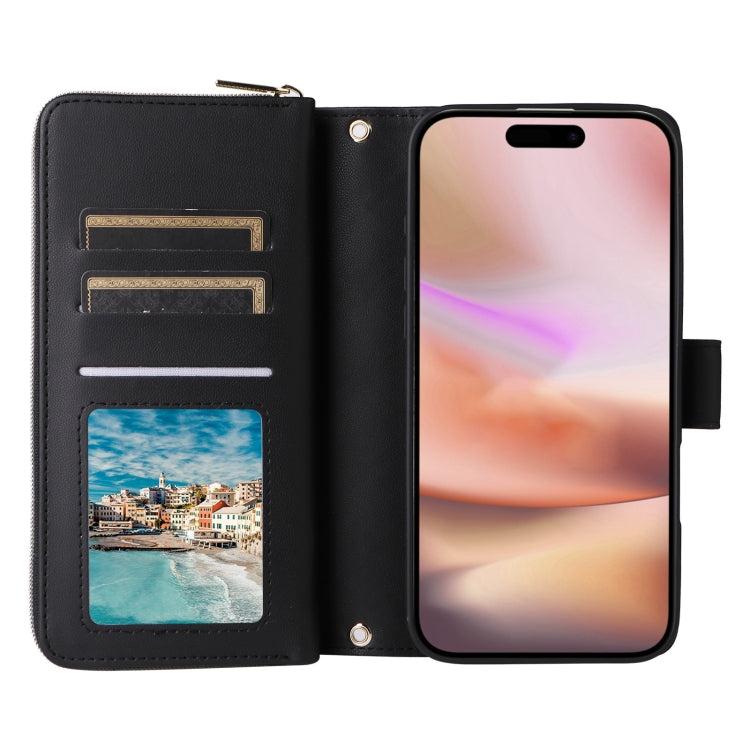 For iPhone 16 Plus Crossbody Rhombic Zipper Tower Buckle Leather Phone Case with Lanyard(Black) - iPhone 16 Plus Cases by PMC TechLife | Online Shopping South Africa | PMC TechLife | Buy Now Pay Later Mobicred