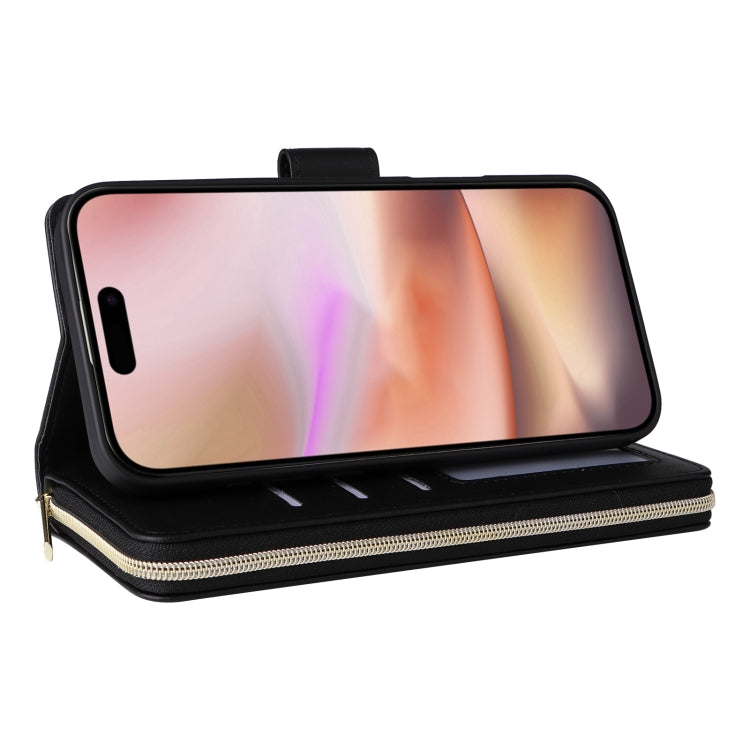 For iPhone 16 Plus Crossbody Rhombic Zipper Tower Buckle Leather Phone Case with Lanyard(Black) - iPhone 16 Plus Cases by PMC TechLife | Online Shopping South Africa | PMC TechLife | Buy Now Pay Later Mobicred