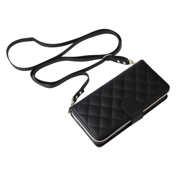 For iPhone 16 Plus Crossbody Rhombic Zipper Tower Buckle Leather Phone Case with Lanyard(Black) - iPhone 16 Plus Cases by PMC TechLife | Online Shopping South Africa | PMC TechLife | Buy Now Pay Later Mobicred
