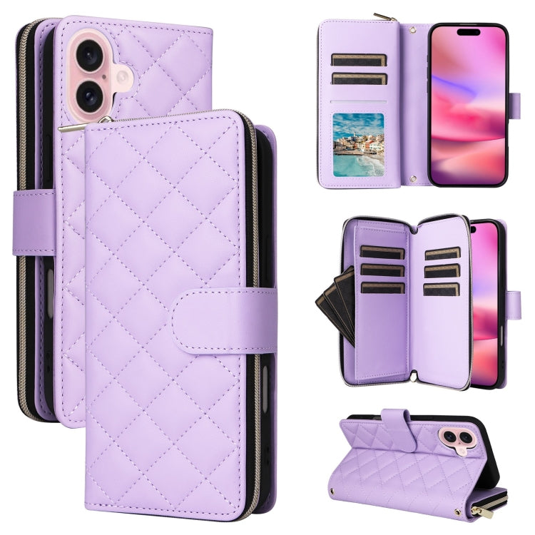 For iPhone 16 Crossbody Rhombic Zipper Tower Buckle Leather Phone Case with Lanyard(Purple) - iPhone 16 Cases by PMC TechLife | Online Shopping South Africa | PMC TechLife | Buy Now Pay Later Mobicred