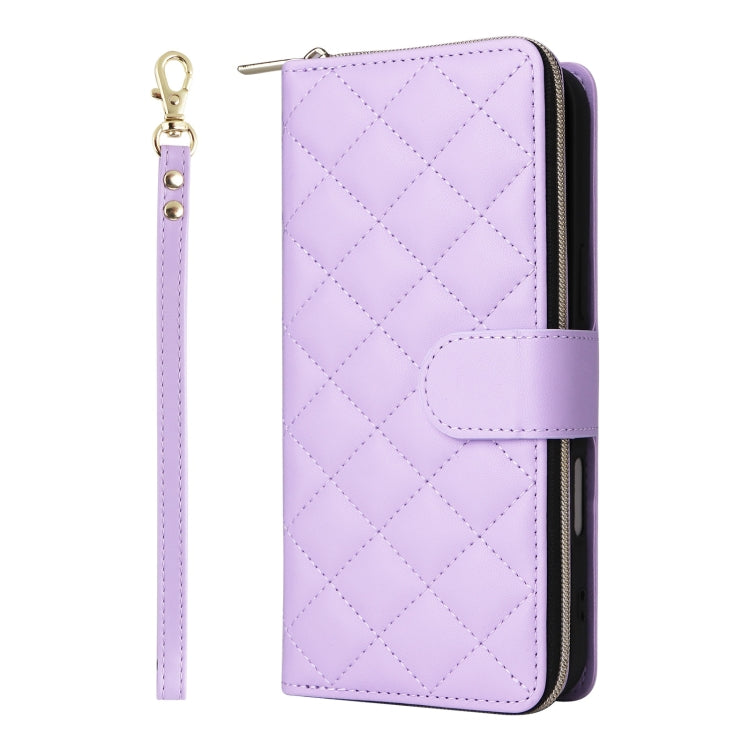For iPhone 16 Crossbody Rhombic Zipper Tower Buckle Leather Phone Case with Lanyard(Purple) - iPhone 16 Cases by PMC TechLife | Online Shopping South Africa | PMC TechLife | Buy Now Pay Later Mobicred