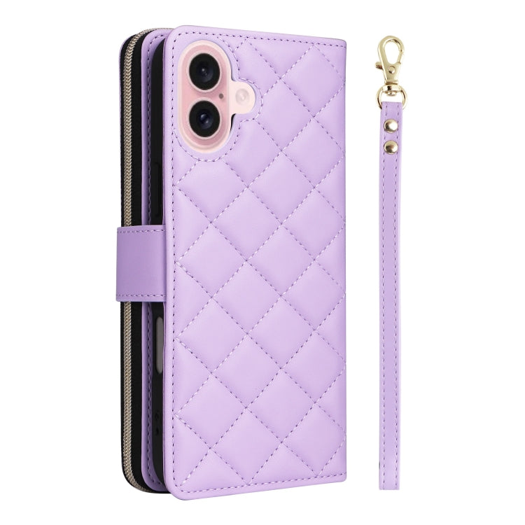 For iPhone 16 Crossbody Rhombic Zipper Tower Buckle Leather Phone Case with Lanyard(Purple) - iPhone 16 Cases by PMC TechLife | Online Shopping South Africa | PMC TechLife | Buy Now Pay Later Mobicred
