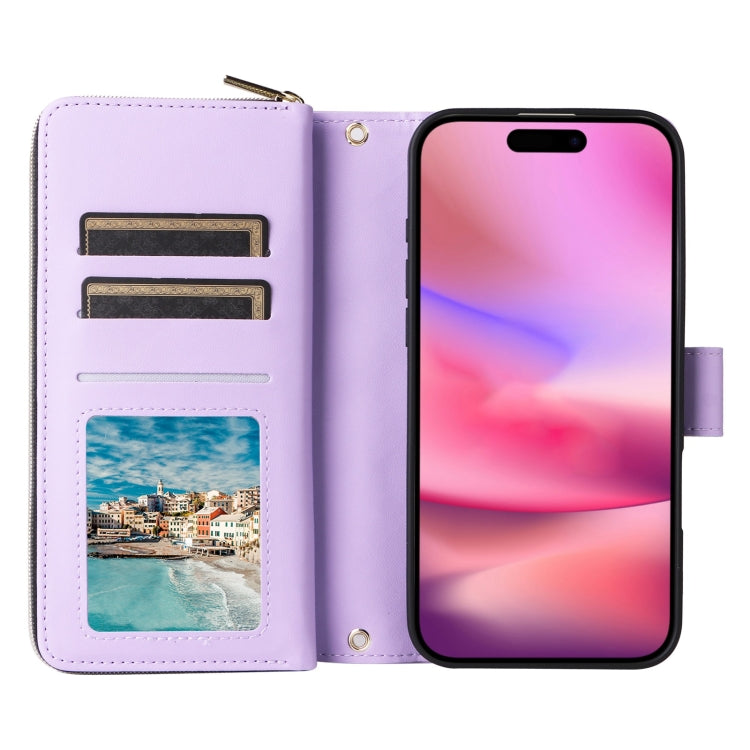 For iPhone 16 Crossbody Rhombic Zipper Tower Buckle Leather Phone Case with Lanyard(Purple) - iPhone 16 Cases by PMC TechLife | Online Shopping South Africa | PMC TechLife | Buy Now Pay Later Mobicred