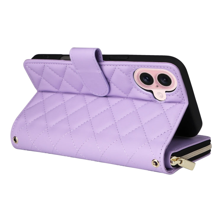 For iPhone 16 Crossbody Rhombic Zipper Tower Buckle Leather Phone Case with Lanyard(Purple) - iPhone 16 Cases by PMC TechLife | Online Shopping South Africa | PMC TechLife | Buy Now Pay Later Mobicred
