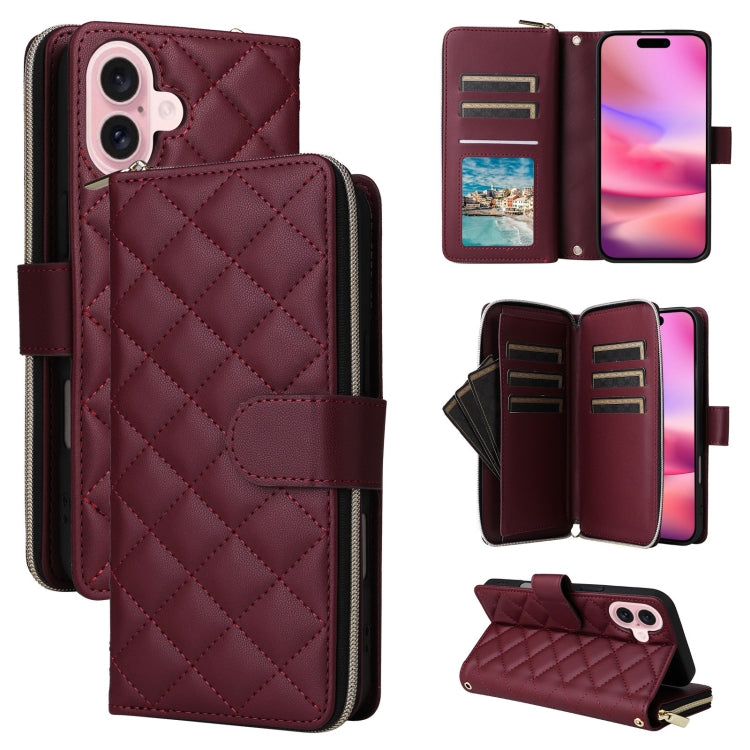 For iPhone 16 Crossbody Rhombic Zipper Tower Buckle Leather Phone Case with Lanyard(Wine Red) - iPhone 16 Cases by PMC TechLife | Online Shopping South Africa | PMC TechLife | Buy Now Pay Later Mobicred
