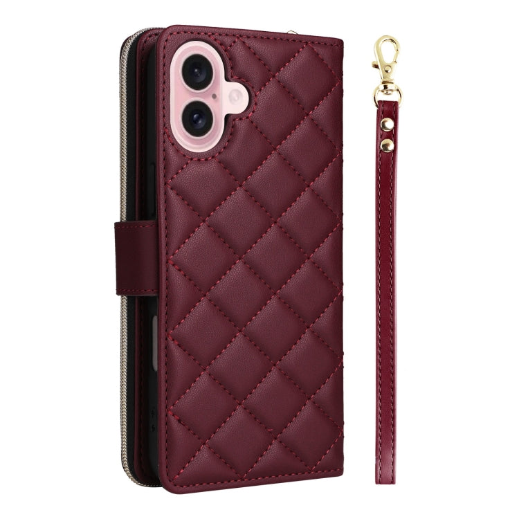 For iPhone 16 Crossbody Rhombic Zipper Tower Buckle Leather Phone Case with Lanyard(Wine Red) - iPhone 16 Cases by PMC TechLife | Online Shopping South Africa | PMC TechLife | Buy Now Pay Later Mobicred
