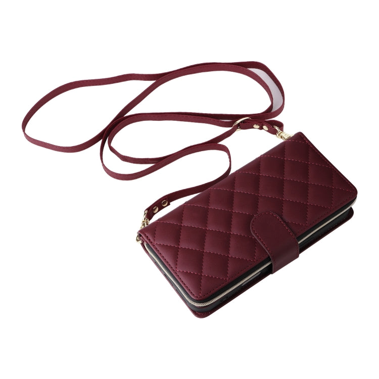 For iPhone 16 Crossbody Rhombic Zipper Tower Buckle Leather Phone Case with Lanyard(Wine Red) - iPhone 16 Cases by PMC TechLife | Online Shopping South Africa | PMC TechLife | Buy Now Pay Later Mobicred