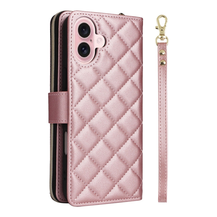 For iPhone 16 Crossbody Rhombic Zipper Tower Buckle Leather Phone Case with Lanyard(Rose Gold) - iPhone 16 Cases by PMC TechLife | Online Shopping South Africa | PMC TechLife | Buy Now Pay Later Mobicred
