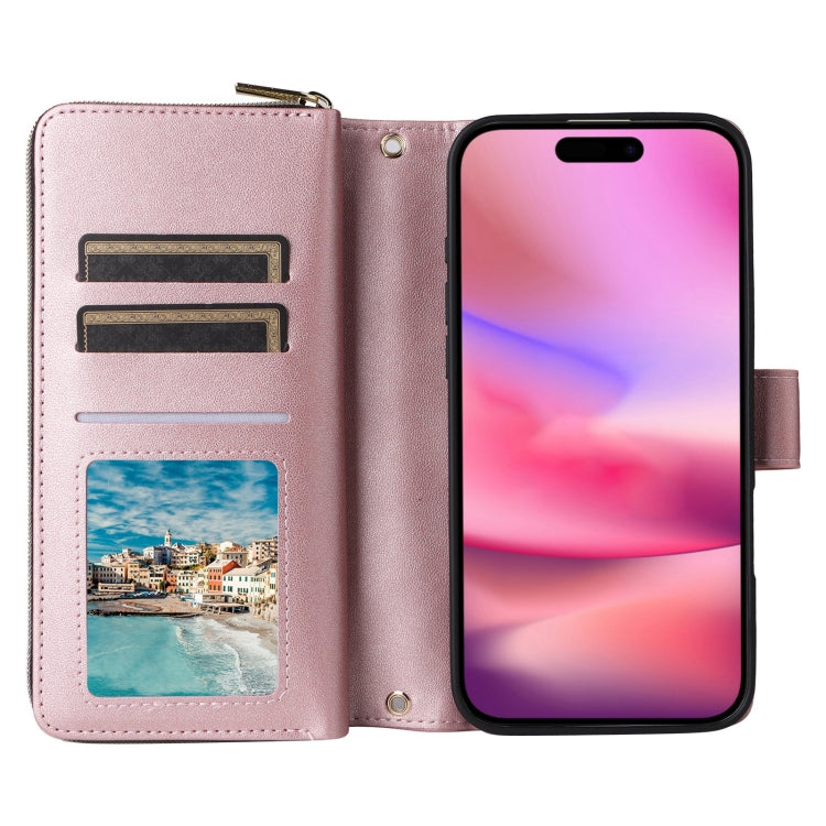 For iPhone 16 Crossbody Rhombic Zipper Tower Buckle Leather Phone Case with Lanyard(Rose Gold) - iPhone 16 Cases by PMC TechLife | Online Shopping South Africa | PMC TechLife | Buy Now Pay Later Mobicred