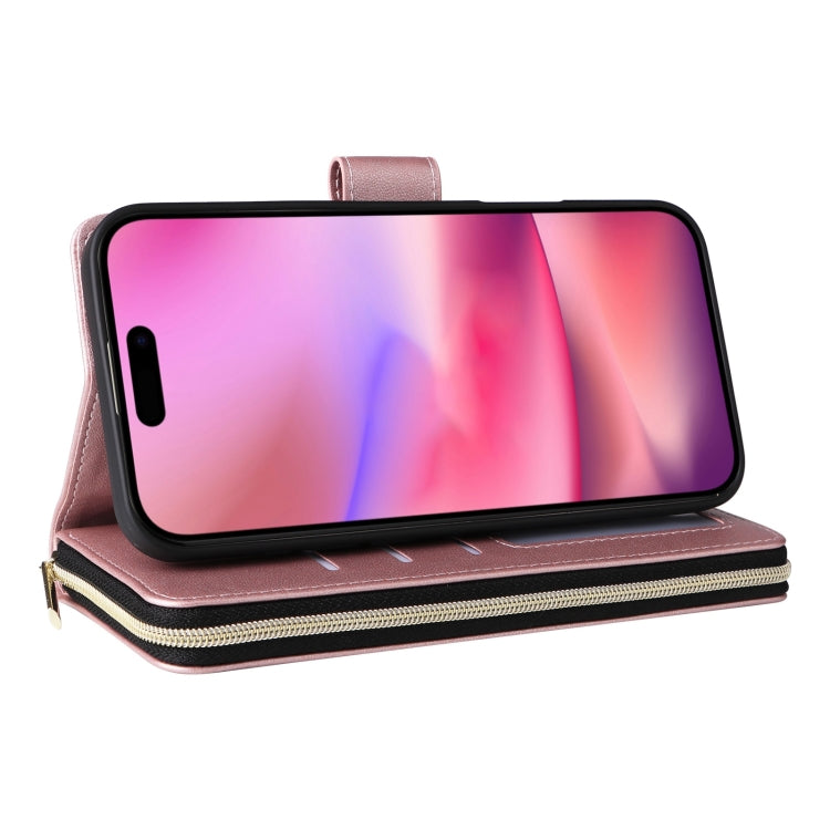 For iPhone 16 Crossbody Rhombic Zipper Tower Buckle Leather Phone Case with Lanyard(Rose Gold) - iPhone 16 Cases by PMC TechLife | Online Shopping South Africa | PMC TechLife | Buy Now Pay Later Mobicred