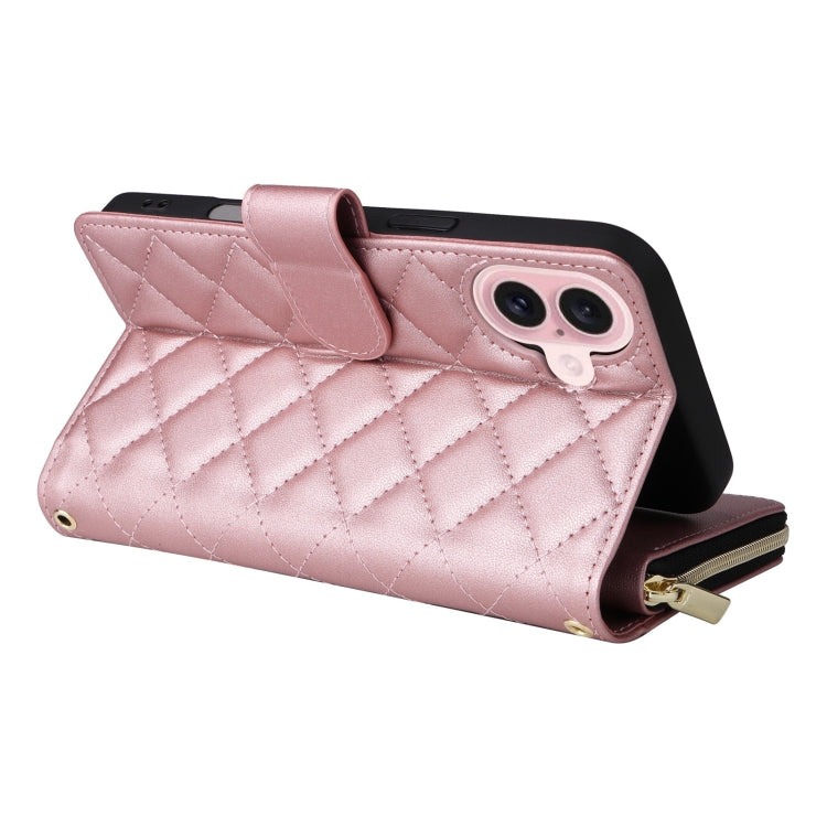 For iPhone 16 Crossbody Rhombic Zipper Tower Buckle Leather Phone Case with Lanyard(Rose Gold) - iPhone 16 Cases by PMC TechLife | Online Shopping South Africa | PMC TechLife | Buy Now Pay Later Mobicred