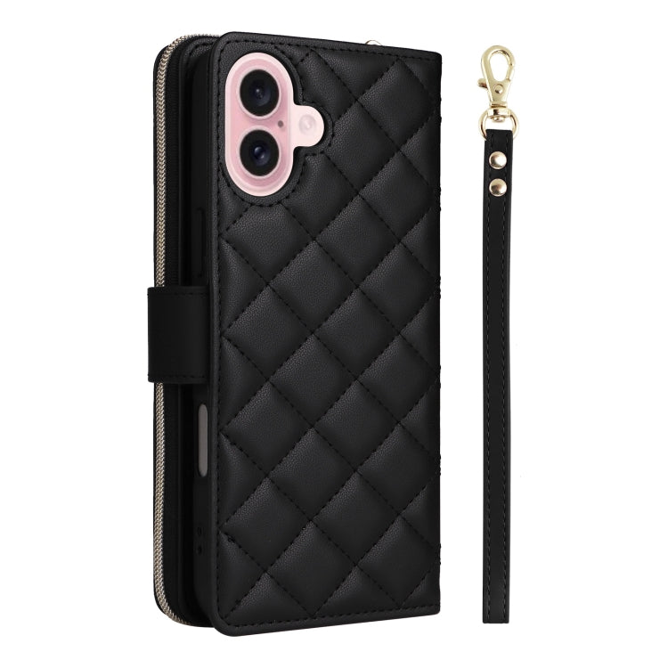 For iPhone 16 Crossbody Rhombic Zipper Tower Buckle Leather Phone Case with Lanyard(Black) - iPhone 16 Cases by PMC TechLife | Online Shopping South Africa | PMC TechLife | Buy Now Pay Later Mobicred