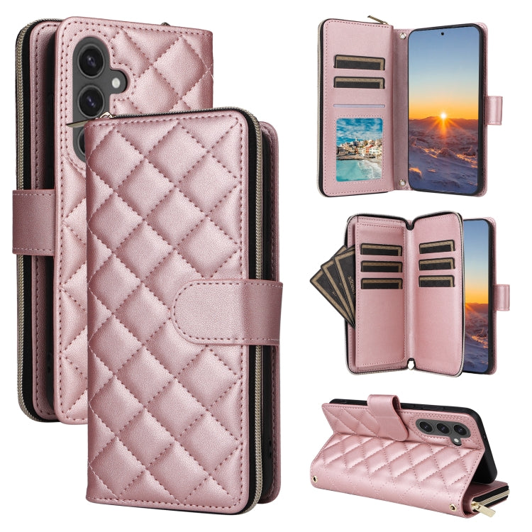 For Samsung Galaxy S24 FE 5G Crossbody Rhombic Zipper Tower Buckle Leather Phone Case with Lanyard(Rose Gold) - free shipping - PMC Jewellery - Order now!