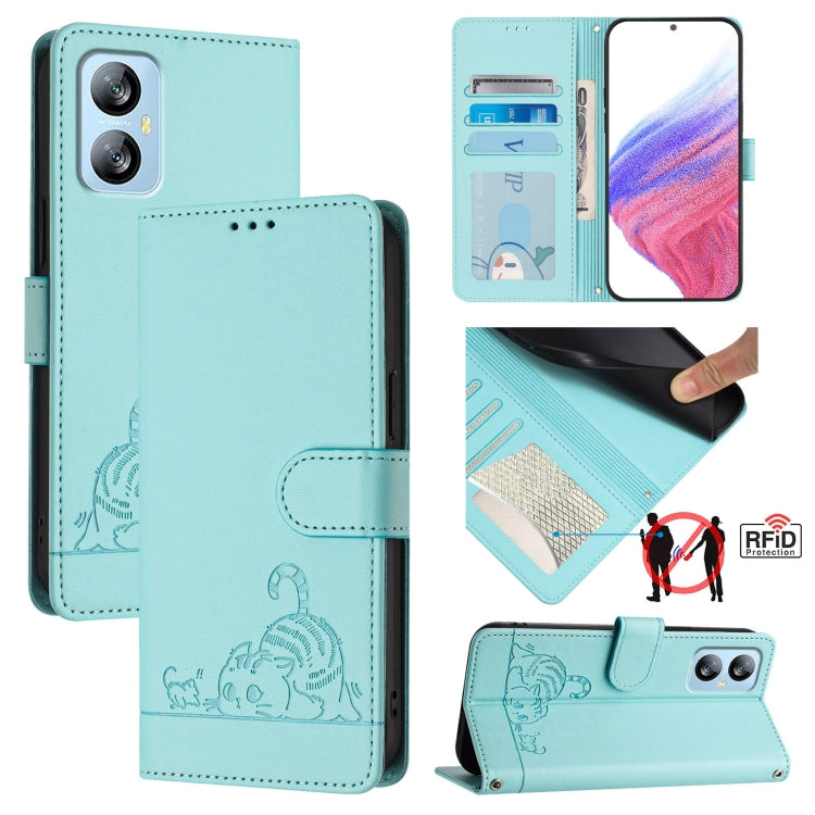 For Blackview A52 Cat Rat Embossed Pattern RFID Leather Phone Case with Lanyard(Mint Green) - free shipping - PMC TechLife - Order now!
