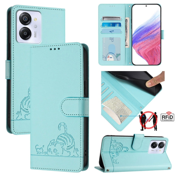 For Blackview Color 8 Cat Rat Embossed Pattern RFID Leather Phone Case with Lanyard(Mint Green) - More Brand by PMC TechLife | Online Shopping South Africa | PMC TechLife | Buy Now Pay Later Mobicred