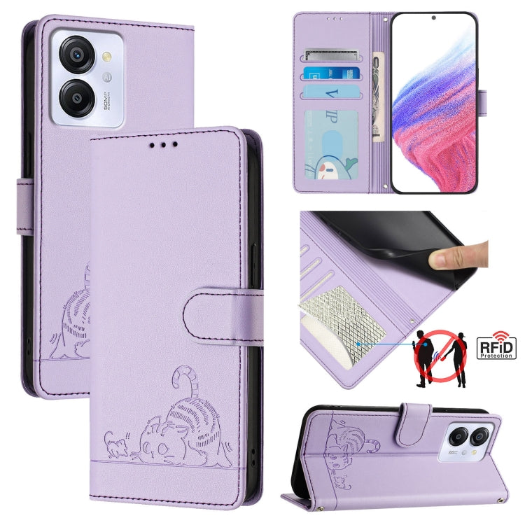For Blackview Color 8 Cat Rat Embossed Pattern RFID Leather Phone Case with Lanyard(Purple) - More Brand by PMC TechLife | Online Shopping South Africa | PMC TechLife | Buy Now Pay Later Mobicred
