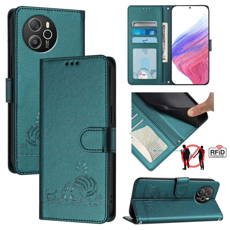 For Blackview Shark 8 Cat Rat Embossed Pattern RFID Leather Phone Case with Lanyard(Peacock Green) - More Brand by PMC TechLife | Online Shopping South Africa | PMC TechLife | Buy Now Pay Later Mobicred