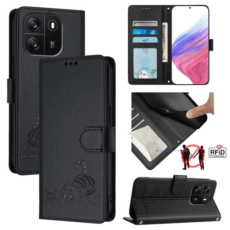 For Blackview Wave 6C Cat Rat Embossed Pattern RFID Leather Phone Case with Lanyard(Black) - More Brand by PMC TechLife | Online Shopping South Africa | PMC TechLife | Buy Now Pay Later Mobicred