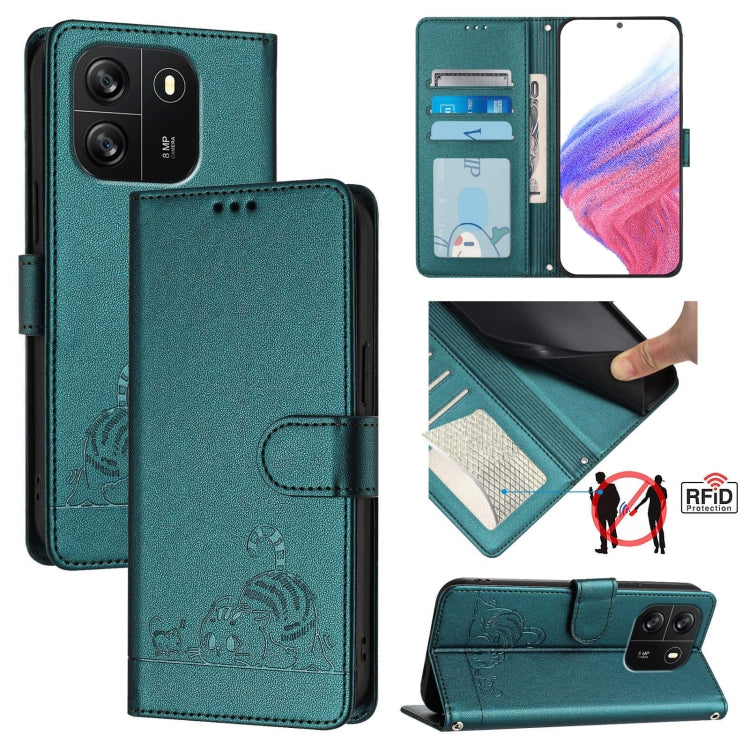 For Blackview Wave 6C Cat Rat Embossed Pattern RFID Leather Phone Case with Lanyard(Peacock Green) - More Brand by PMC TechLife | Online Shopping South Africa | PMC TechLife | Buy Now Pay Later Mobicred